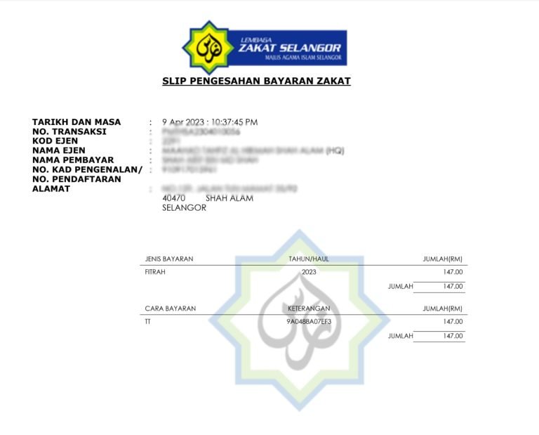 Sample zakat fitrah payment confirmation slip from Lembaga Zakat Selangor